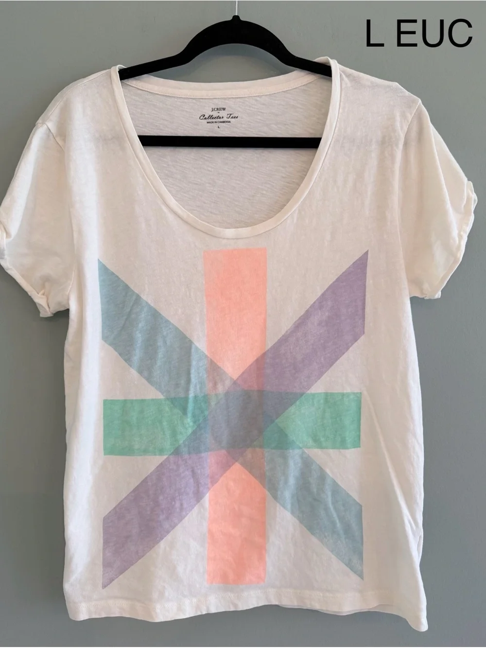 J. Crew White Short Sleeve Scoop Neck Tee with Pastel Geometric Print